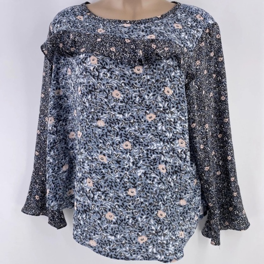 LOFT | Women’s blue grey pink floral‎ tunic | flowy | 100% Polyester | Medium |
